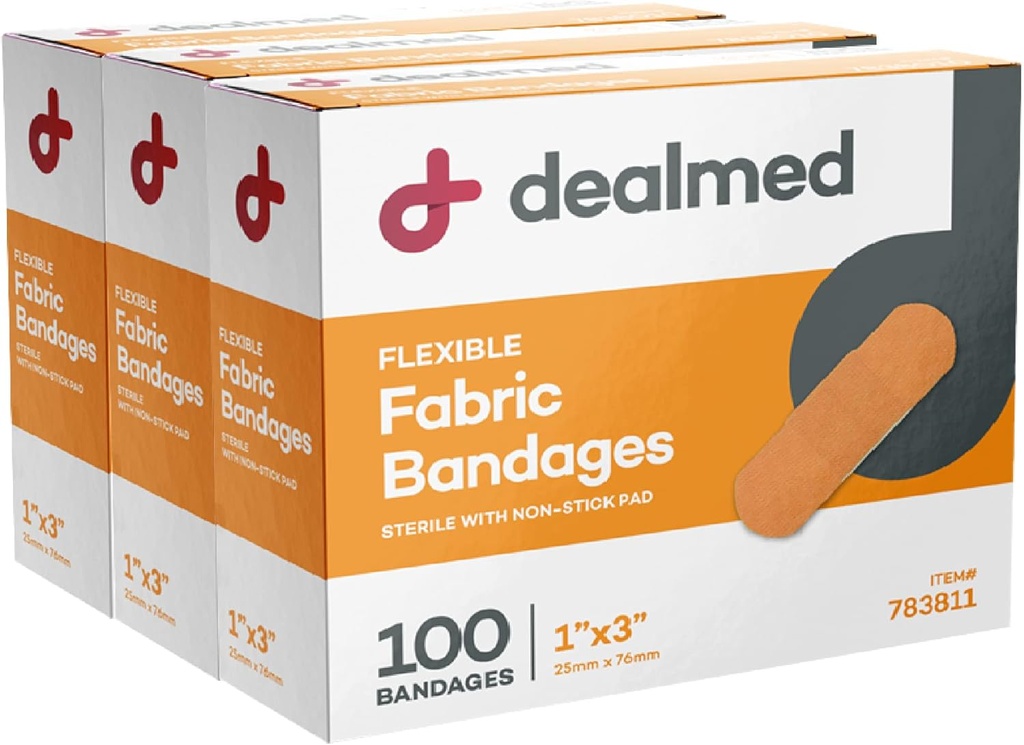 Dealmed sterile flexible Stoffklebebänder – 1x3 Zoll – 100/Box - 3 Boxen - Atmungsaktives First Aid Strip Pack - Soft Stretch Wound Patch für medizinische, Notfallkits & Clinic