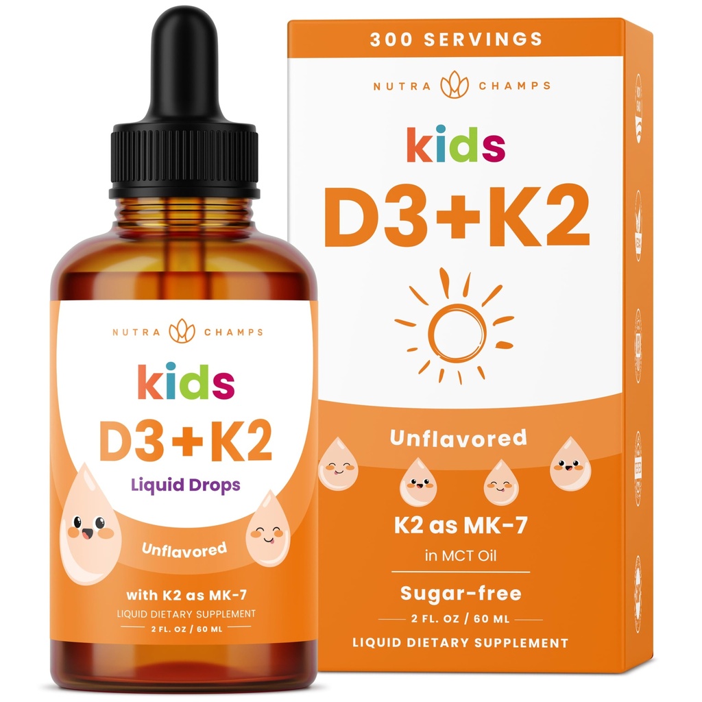 NutraChamps Kids Vitamin D 3 K2 Tropfen, Vitamin D3 & K2 MK-7, Flüssiges Vitamin D für Kinder 1000 IU, Gesunde Knochen, Herz- und Immunsystem, Zuckerfreie Ergänzung für Kleinkinder, 300 Servierungen