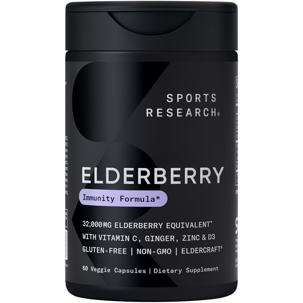Sportforschung Schwarze Elderberry mit Zink, Vitamin C, & Vitamin D, Immununterstützungsergänzung für Erwachsene, 60 Kapseln