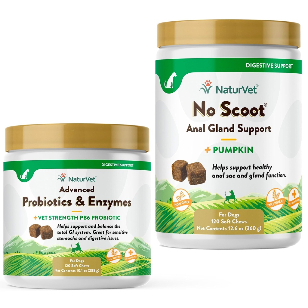 NaturVet Advanced Probiotics, Gesunde Enzyme und PB6 Probiotische Ergänzung für Ihre Hunde Stomach, 120 Soft Chews & No Scoot für Hunde - 120 Soft Chews - Unterstützt gesunde Anal Gland & Bowel Funktion