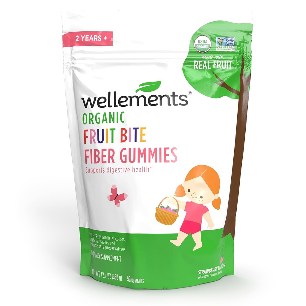 Wellenments Bio Fiber Fruit Bite Gummis | Unterstützt Kinder & Kleinkinder Verdauungsgesundheit* | Hergestellt w/REAL FRUIT | 3g Fiber per Servieren | Yummy Erdbeeren Flavor | Alter 2+