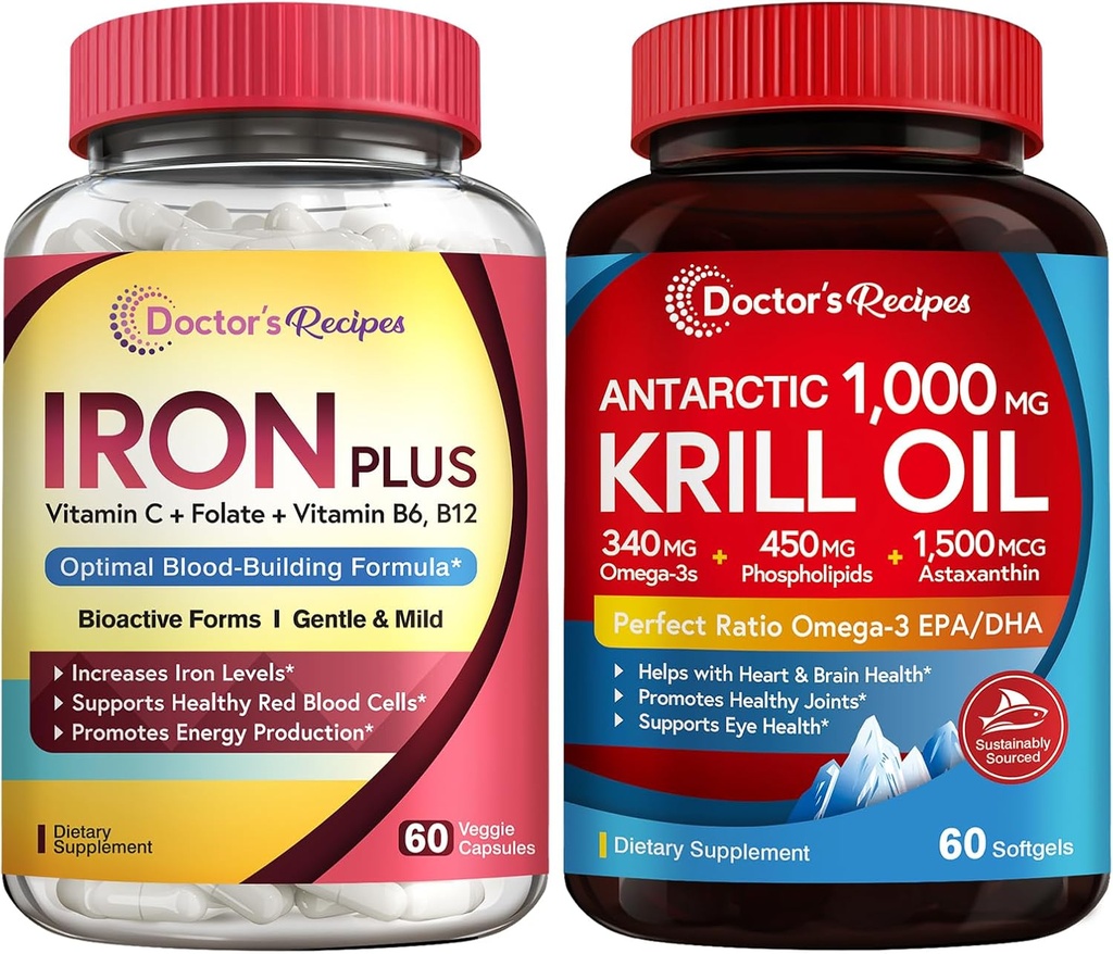 Arzt Rezepte Eisen Bisglycinat & Krill Öl Bundle, Blut & Energie Unterstützung, Gelenk, Gehirn und Augengesundheit Unterstützung, keine Gluten, Probiotika (60 Kapseln) & Krill Öl (60 Softgels)