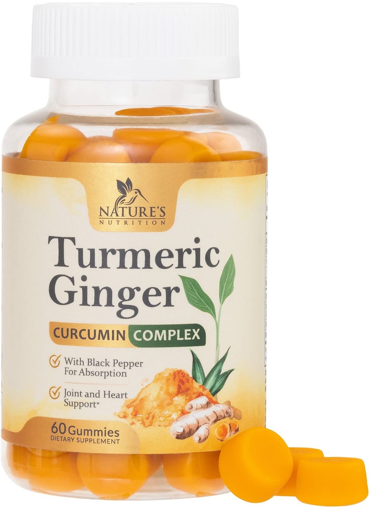 Kurkuma Ergänzung Gummi - 95% Curcuminoide mit Kurkuma & Ginger, Schwarzer Pfeffer für beste Absorption, Nature's Vegan Joint Support, Non-GMO, Gluten Free, Tasty Peach Flavor - 60 Gummis