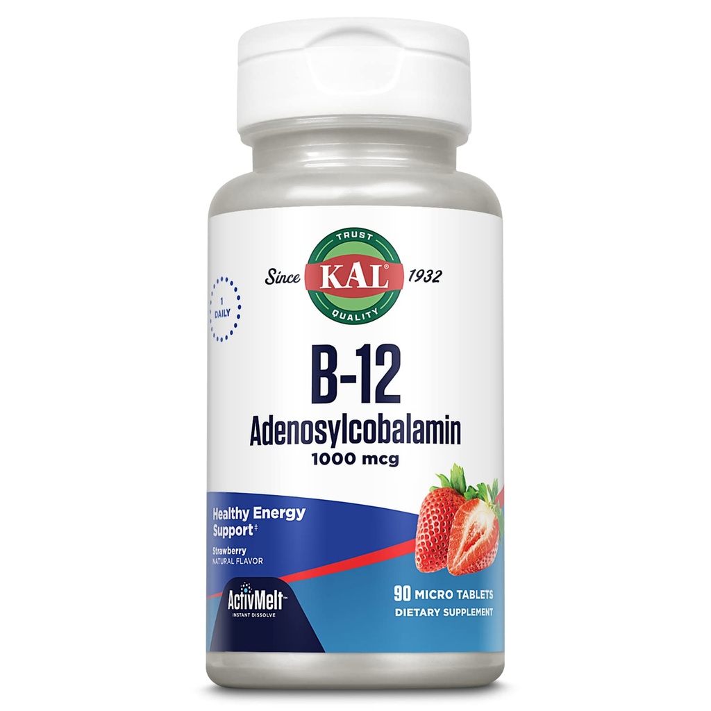 KAL Vitamin B12 Adenosylcobalamin 1000 mcg - B 12 Vitamin, Aktiv B-12 1000mcg für Damen und Herren, Energie-Unterstützung - Erdbeer Flavor - 90 ActiveMelt Micro Tablets