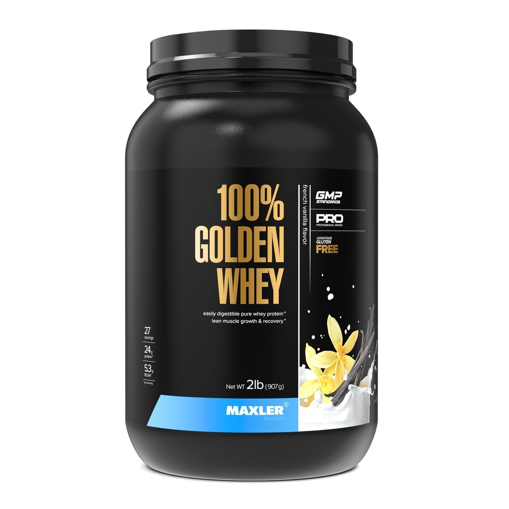 Maxler 100% Golden Whey Protein - 24g de protéines par portion - Poudre de protéines de lactosérum pour pré-entraînement - Mélange d'hydrolysat de concentré de lactosérum à absorption rapide - Protéine de vanille française 2lb