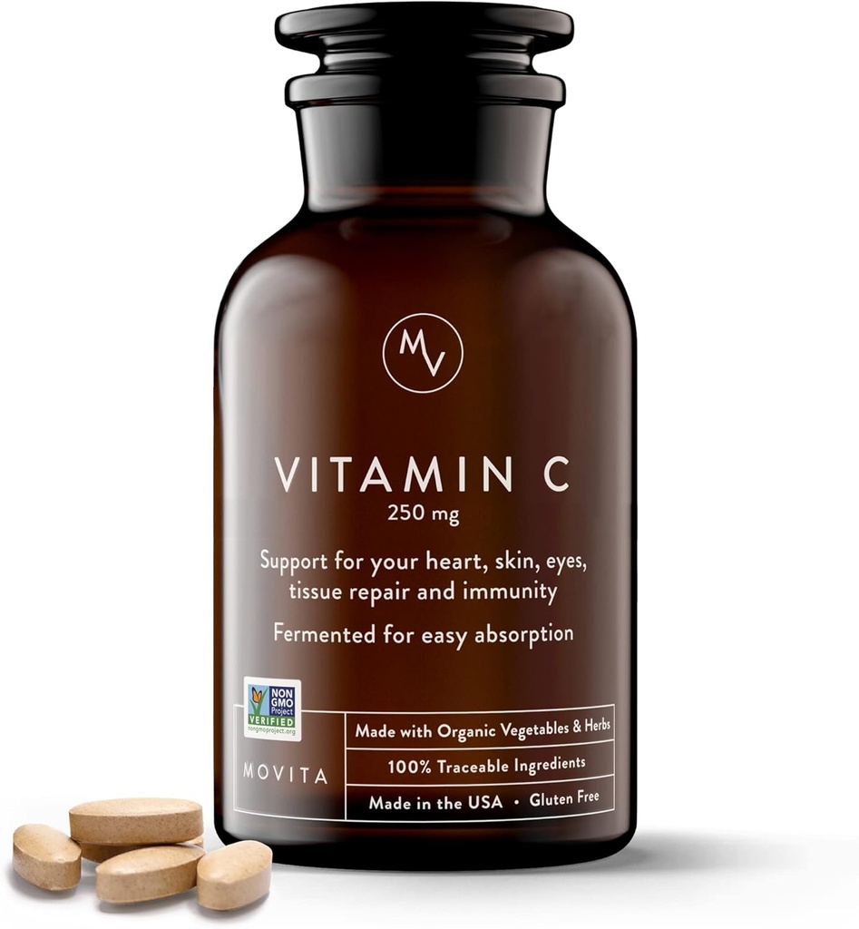 Movita Vitamine Fermentée C 250mg – Booster d'immunité, Protection antioxydante, Aides Collagène Synthèse et Absorption de Fer – Organique, Vegan, Sans gluten, Non-OGM – 30 jours d'approvisionnement (Bouteille de Glass)