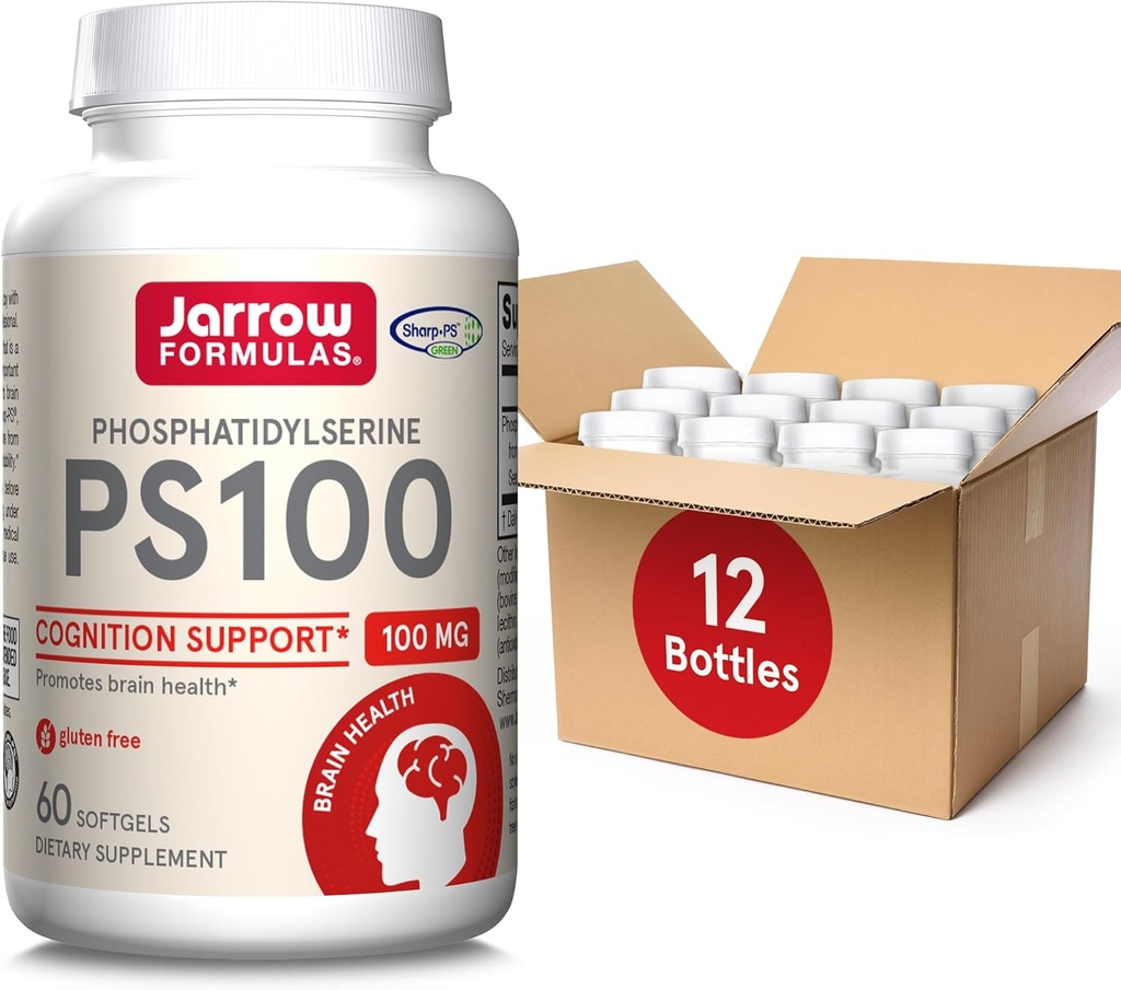 Jarrow Formulas PS100 Phosphatidylserine 100 mg, Nahrungsergänzung für Gehirngesundheit und Kognitionsunterstützung, 60 Softgels, 20-60 Tage Versorgung, Paket von 12