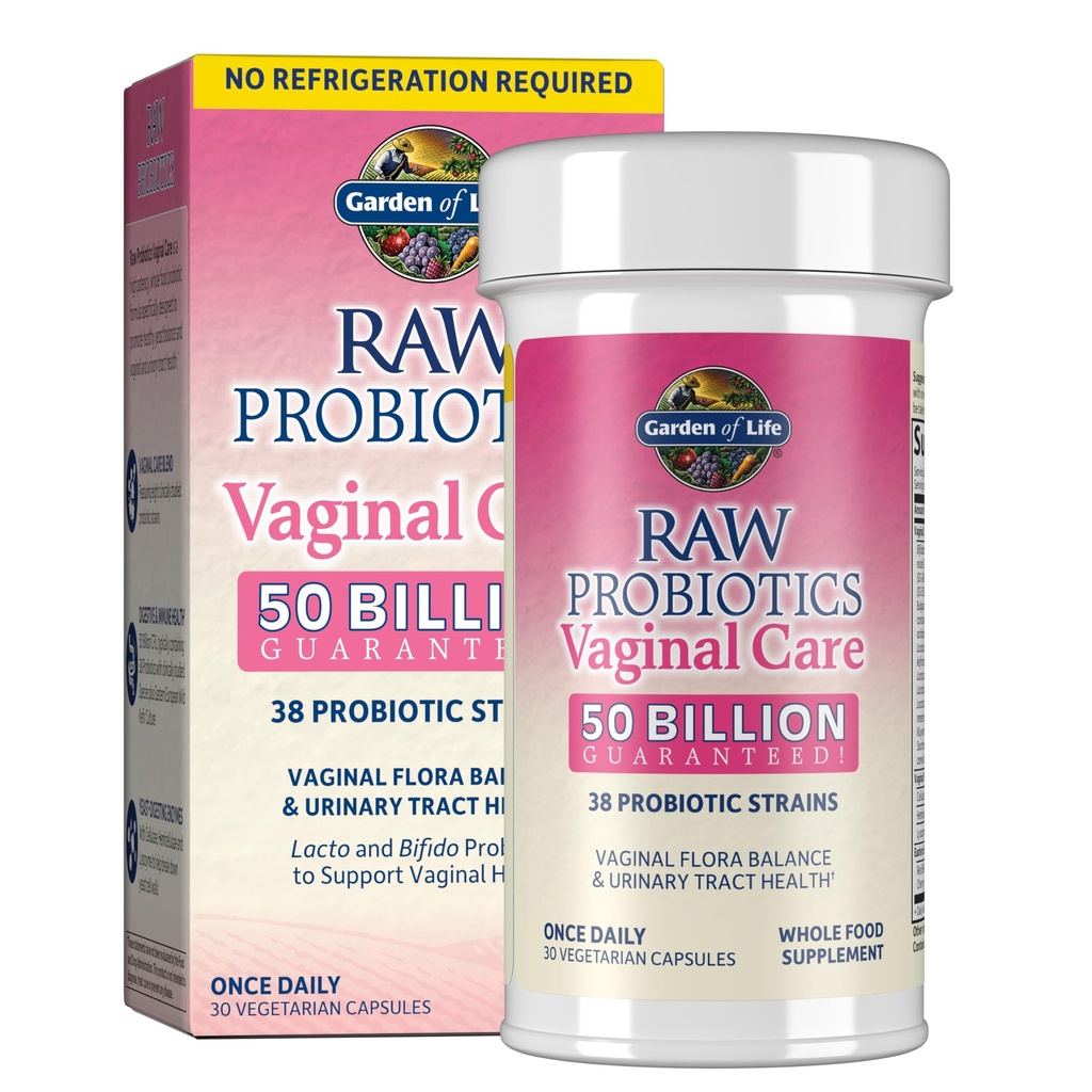 Jardin de la vie Probiotiques crus Soins vaginaux - 50 milliards CFU - 38 souches probiotiques - soutient la santé vaginale et urinaire - Étagère stable - 30 capsules végétariennes