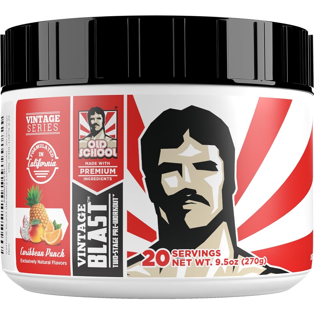 Old School Labs Ultimate 2 Stage Pre Workout for Explosive Energy, Pompes massives et Focus - Préworkout pour les hommes et les femmes - Powder Pre Workout naturel avec acides aminés, 250mg caféine, Caribbean Punch