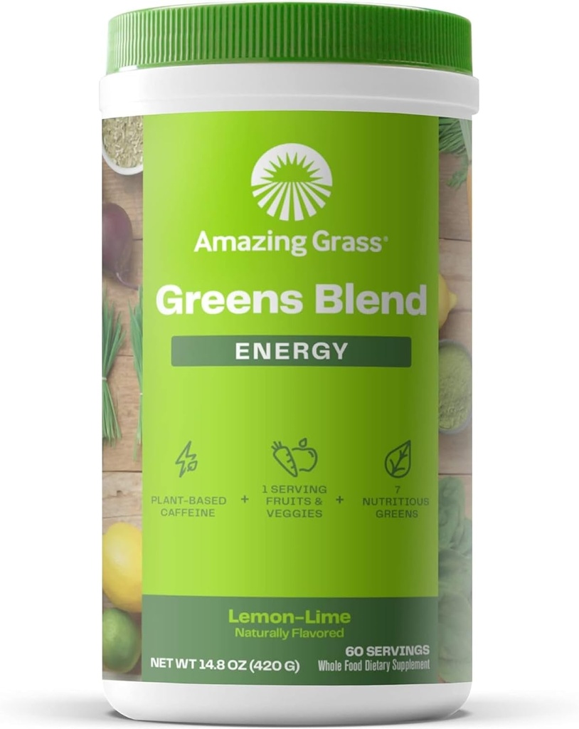 Erstaunliche Grasgrüne Mischung Energie: Glatte Mischung, Super Greens Powder & Plant Based Koffein mit Matcha Green Tea & Beet Root Powder, Lemon Lime, 60 Servierungen (Packaging May Vary)