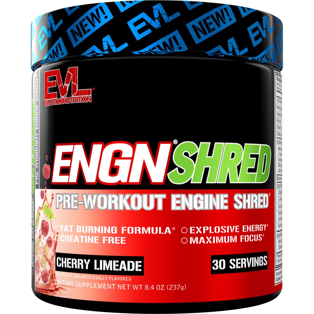 EVL Ultimate Pre Workout Powder - Thermogenic Fat Burner Preworkout Powder Drink für nachhaltige Energie Fokus und Stamina - ENGN Shred Intensive Fat Burning Creatine Free Preworkout Drink - Cherry Limeade