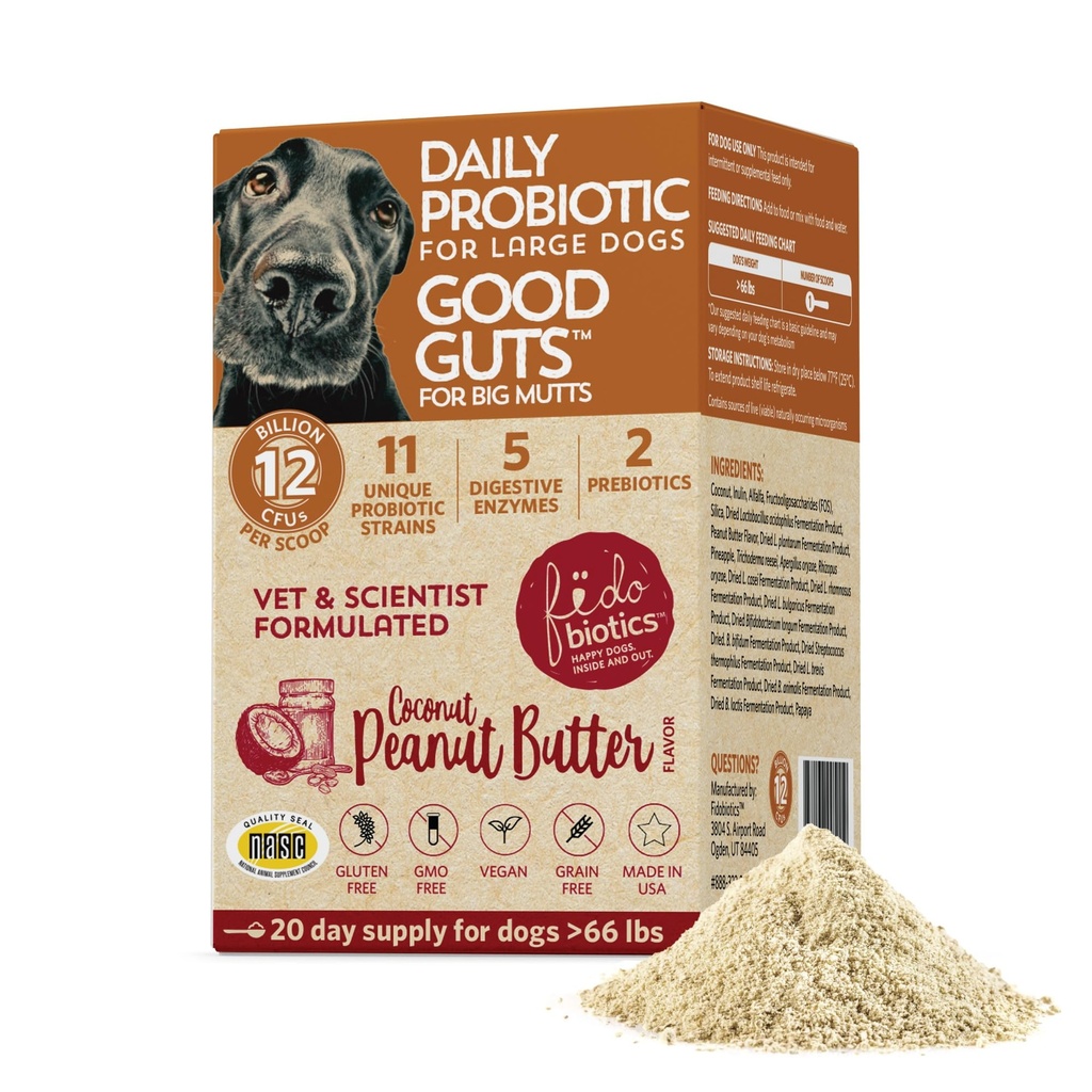 Fidobiotics Good Guts for Big Mutts Probiotic for Dogs, 12 Billion CFUs, 11 Strains, 5 Verdauungsenzyme, 2 Prebiotics, Digestive Gut Health for Dogs, Adult & Puppy Probiotics Supplements (20 Tage)