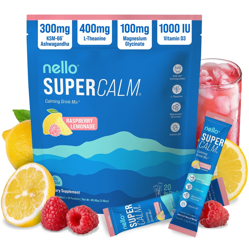 Nello Supercalm Powdered Drink Mix, Raspberry Lemonade, L Theanine, Ksm-66 Ashwagandha, Magnesium Glycinate, Vitamin D 3, Nahrungsergänzungsmittel für Entspannung & Fokus, kein Zucker, Non GMO, On The Go, 20 Ct