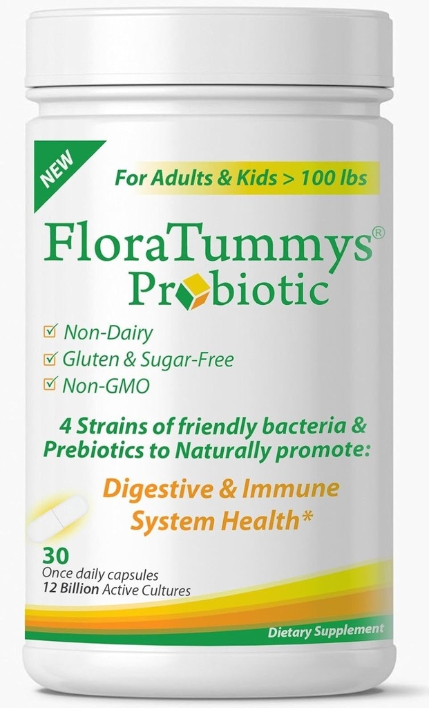 FloraTummys Best Probiotic for Women, Men and Kids. 12 Billion CFU, 4 Probiotic Strains, Prebiotics, Non-GMO, Kosher, Non-Dairy, Gluten Free, Sugar Free, Made in The USA