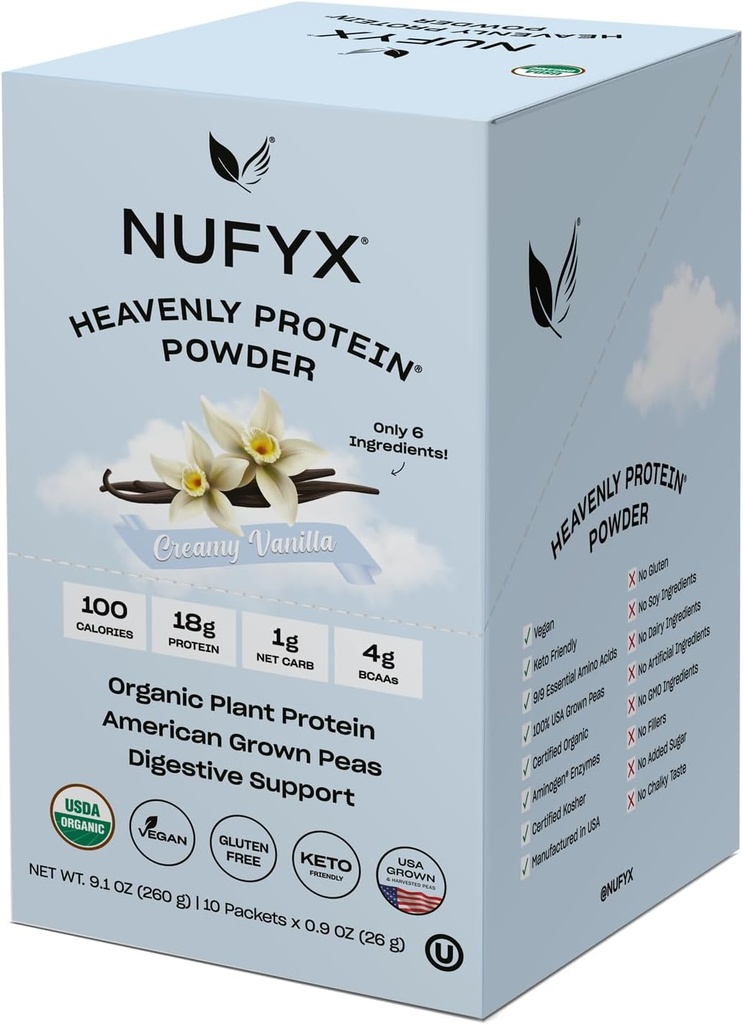 NUFYX® • Himmlisches Protein®-Pulver • Welt feinste 100% organische amerikanische Grown-Bäse • Vegan • Glutenfrei • Niedrige Kohle (Kreamy Vanilla, Box von 10 Packungen)
