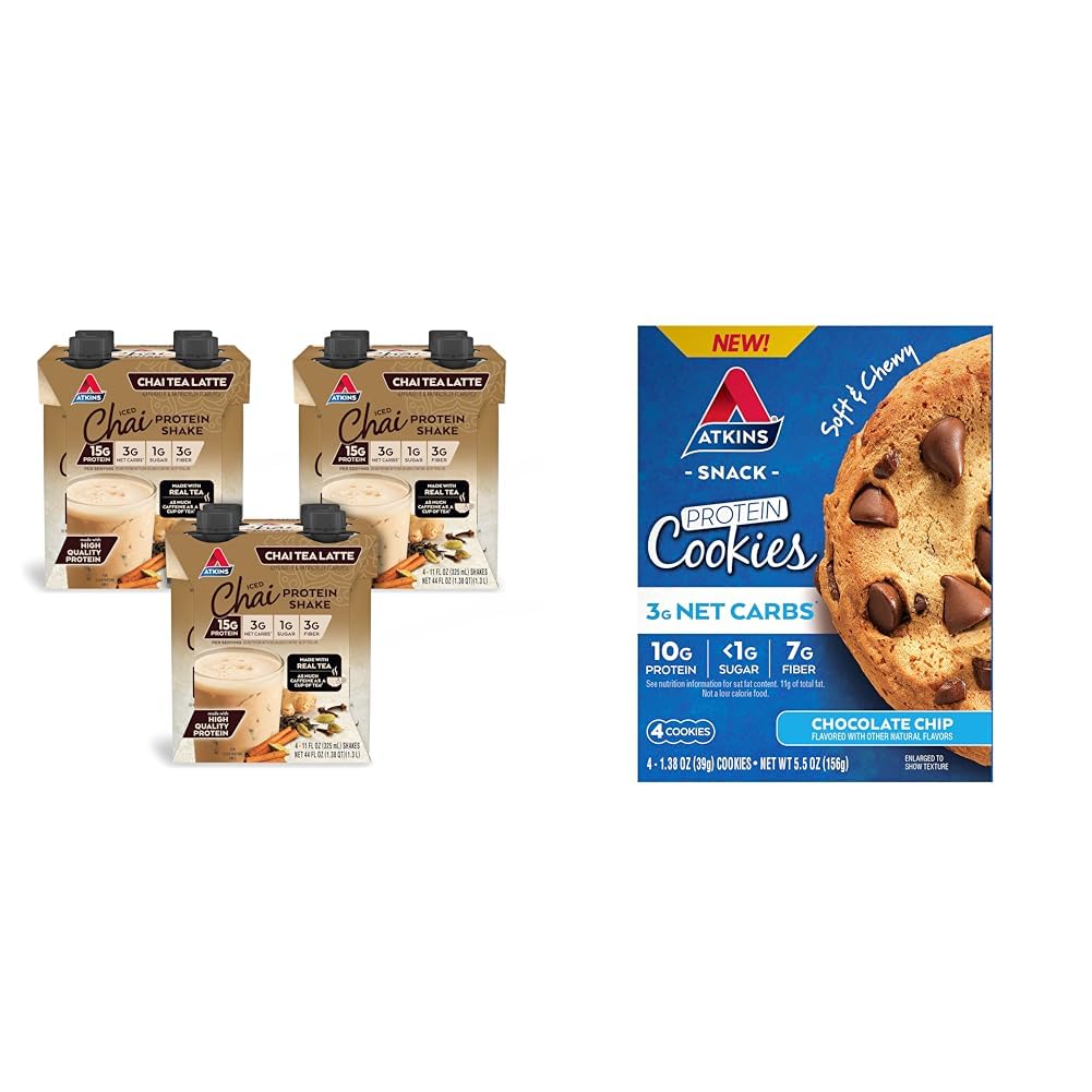 Atkins Chai Tea Latte Protein Shake mit 15g Protein, 3g Net Carbs, 1g Zucker und Atkins Chocolate Chip Protein Cookie mit 10g Protein, 3g Net Carbs, 1g Zucker, Keto Friendly, 4 Count