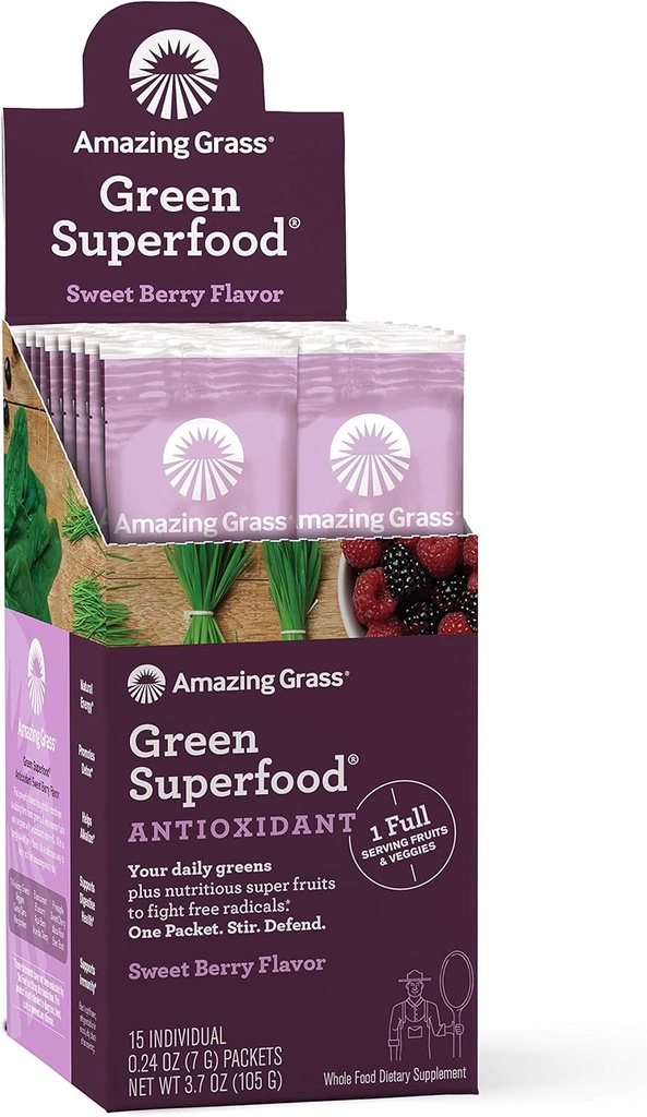 Amazing Grass Green Superfood Antioxidant: Super Greens Pulver mit Spirulina, Elderberry & Probiotics, Sweet Berry, 15 Servierungen