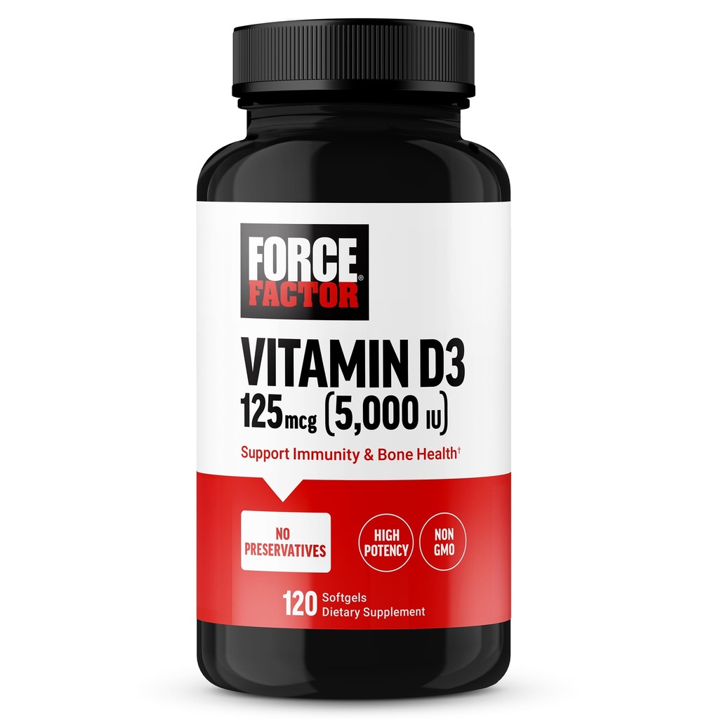 FORCE FACTOR Vitamin D3 5000 IU Softgels, Vitamin D-Zusatz zur Unterstützung von Immunität und Knochengesundheit, Premium-Qualität, keine Konservierungsmittel, 120 Softgels