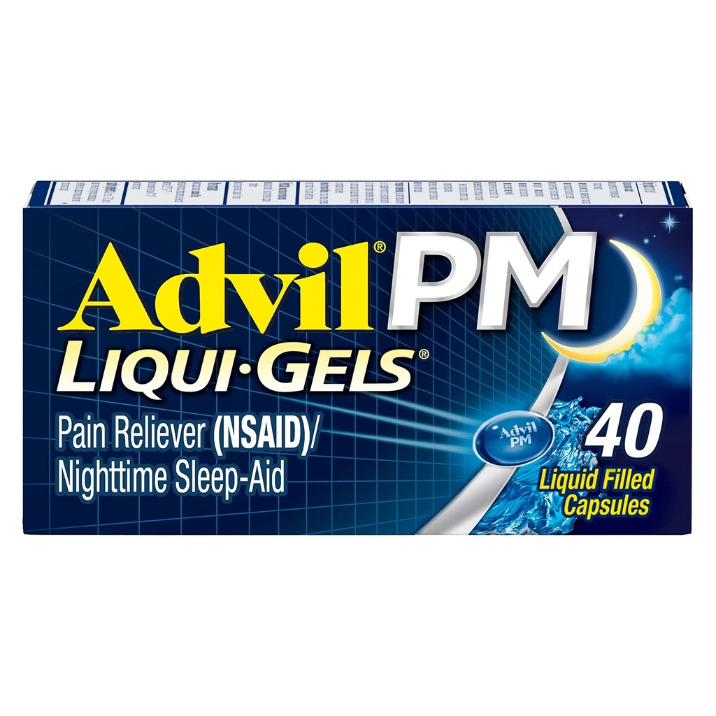 Advil PM Liqui-Gels analgésique et aide au sommeil de nuit, médecine de la douleur avec Ibuprofène pour le soulagement de la douleur et Diphenhydramine HCL pour un aide au sommeil - 40 capsules remplies de liquide - Retour au Collège