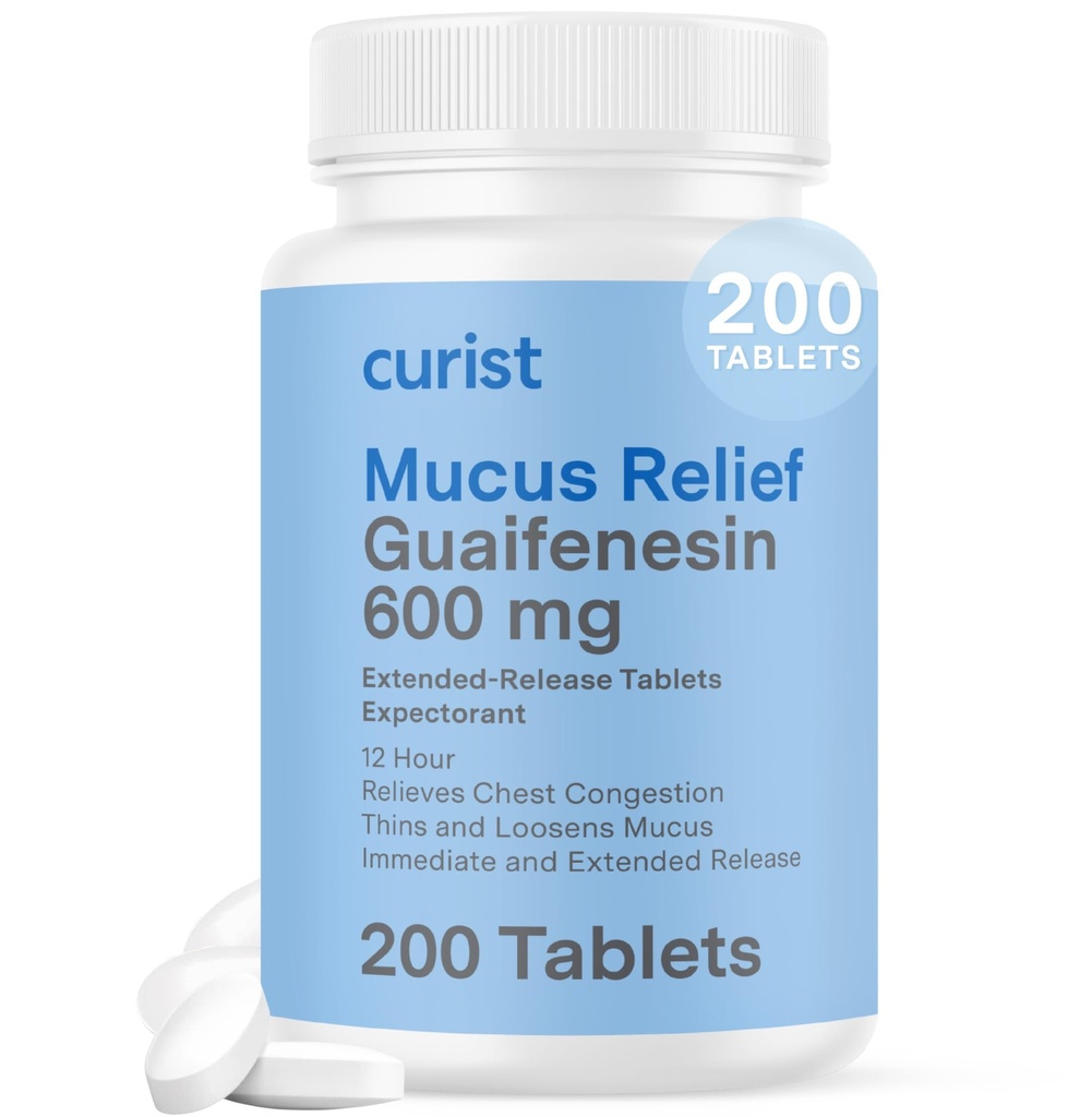 Curist Guaifenesin 600 mg Comprimés à libération prolongée (200 comprimés exempts de colorants) - Exectorant Mucus Relief, Guaifenesin 600 mg générique, (Bulk Pack)