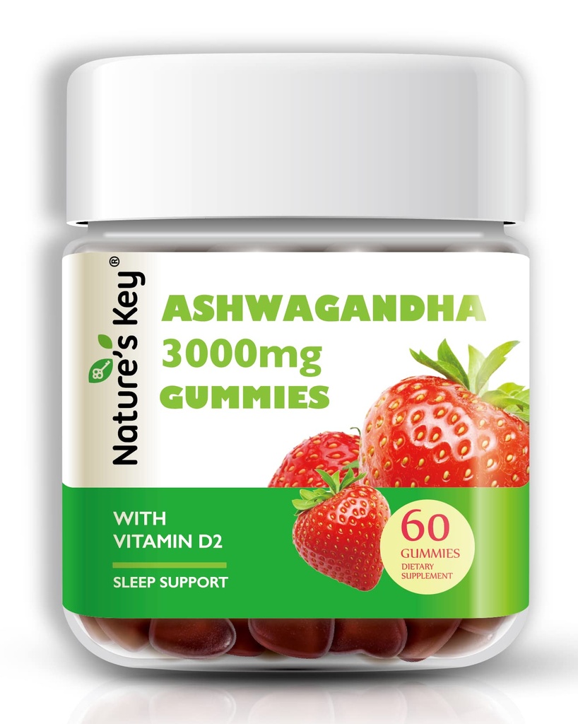 Nature's Key Ashwagandha Gummies, 3000mg hohe Potenz Ashwagandha Wurzelextrakt mit Vitamin D2, Stress, ruhige Stimmung & Kognition, für Männer & Frauen, Erdbeeren Geschmack (60 Graf (Pack von 1)