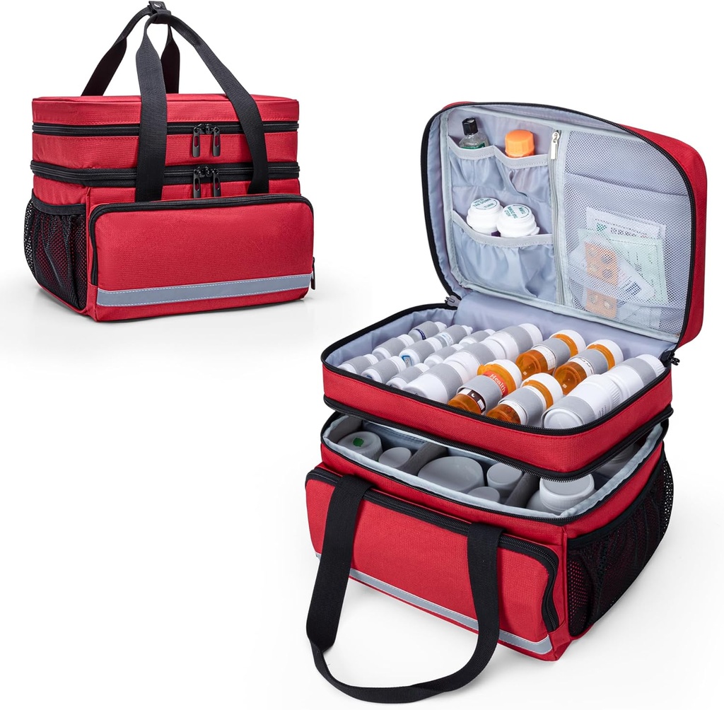 CURMIO Double Layers Pill Bottle Organizer Bag Empty, Medicine Organizer Storage Case with Lockable Zippers, Medication Travel Bag for Prescription Bottles, Medical Supplies, Red (Patent Design)