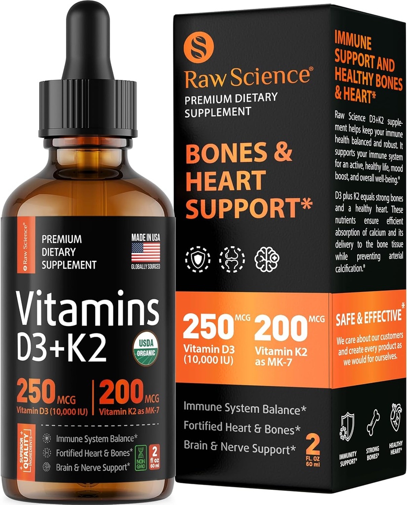 Flüssiges Vitamin D3 K2 10000 iu & 200 mcg - Vitamin D mit MK7 Vitamin K2 Tropfen - Knochendichte und Herzunterstützung Flüssige Vitamine für Frauen und Männer, hohe Absorption Vit K2 D3 Vitamin Supplement - 2 fl oz