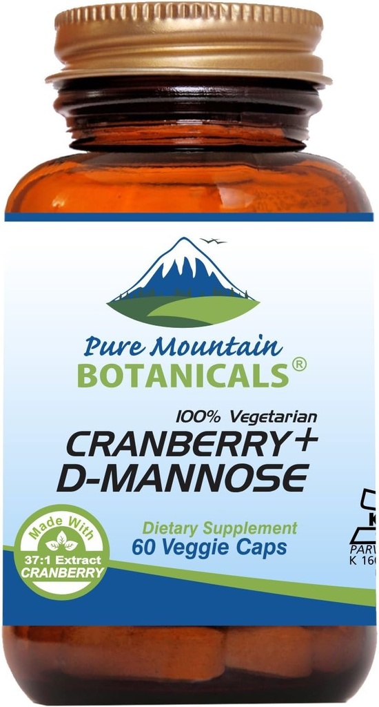 Pure Mountain Botanicals Cranberry D Capsules de mannose - 60 casher Caps végétaliens - 1000mg D Mannose avec concentré de canneberges plus vitamine C
