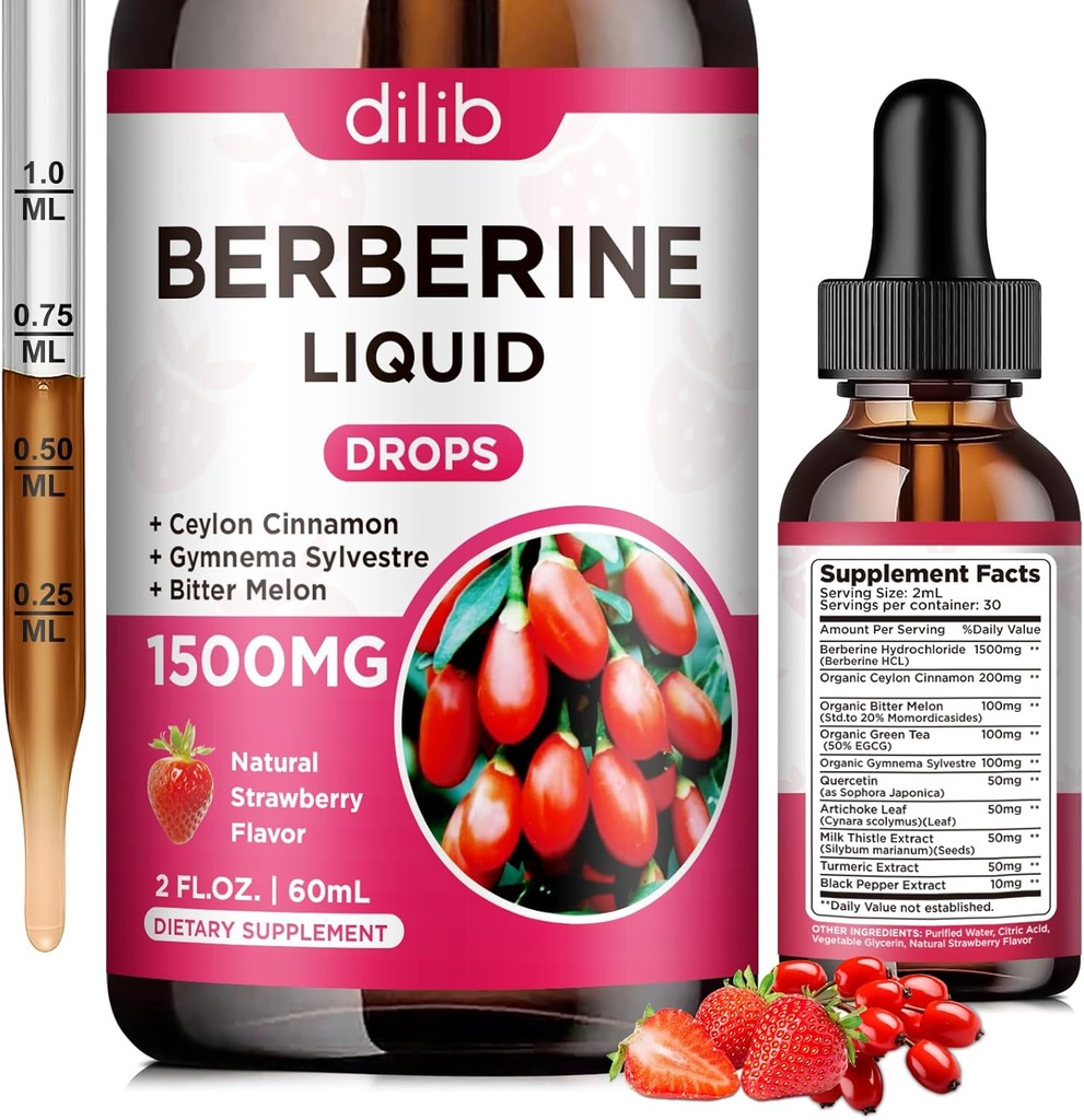 Berberine Supplement Flüssige Tropfen - Berberine HCL 1500mg mit Ceylon Cinnamon, Bitter Melon, Gymnema Sylvestre für Immune, Verdauungssystem und Herzgesundheit, Natürliche Erdbeer-Flaschen, 2 Fl Oz