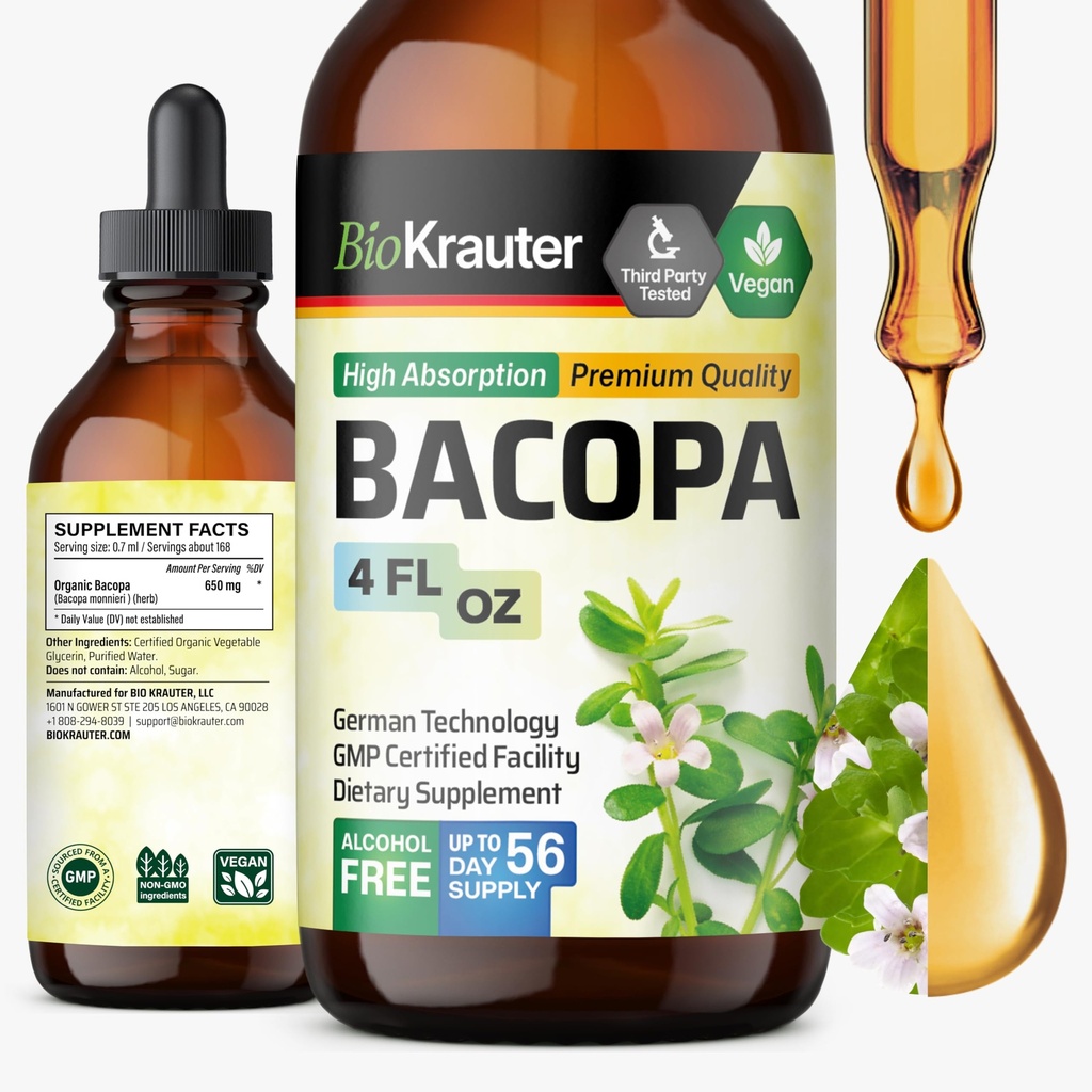 BIO KRAUTER Bacopa Monnieri Supplement Liquid - Brain Support Brahmi - Alkohol & Zucker Kostenlose flüssige Bacopa Kräuter Tropfen 4 Fl.Oz.