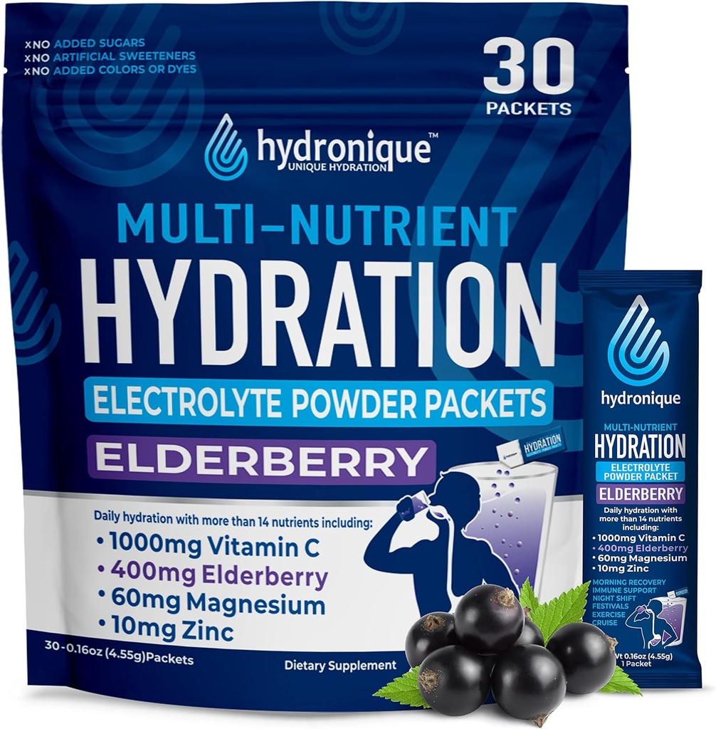 Hydronique Hydration Packets | Low Natrium Elektrolyte Pulver | 54mg Natrium | Vitamine, Mineralien, Antioxidantien | Elderberry Flavor (30 Packungen)