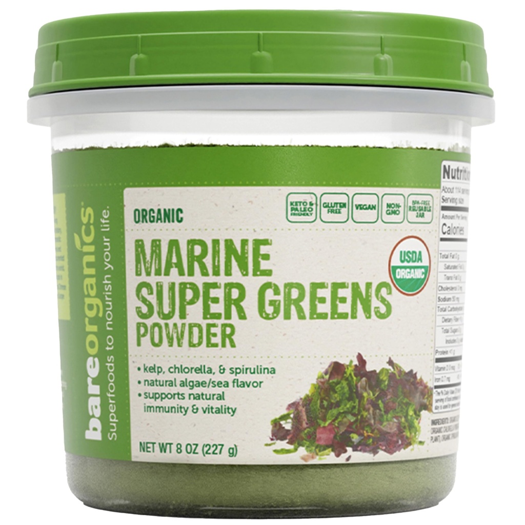 BareOrganics Poudre marine Super Greens – USDA bio, végétalien, sans gluten, non-OGM, sans BPA, poudre super-alimentaire avec Kelp organique, Spiruline et Chlorella - 8 oz