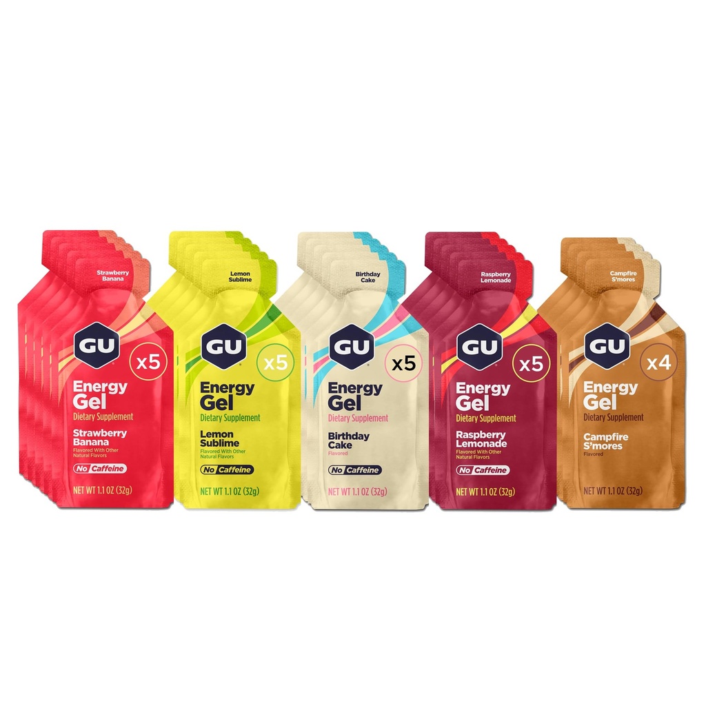 GU Energy Original Sports Nutrition Energy Gels, 24-Count, végétalien, sans gluten, sans casher et sans lait pour toute séance d'entraînement, assortiment de saveurs sans caféine