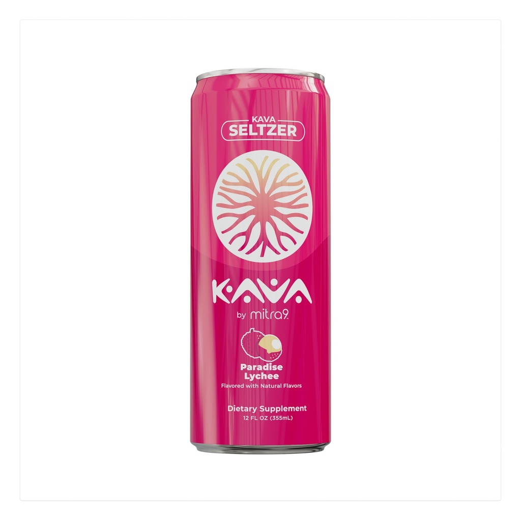 Mitra9 | Paradise Lychee Kava Seltzer - Sparkling Relaxation Drink | 4-Pack | Non-Alcoholic Alcohol Alternative | 500mg Kava Root Extract | Low Calorie, Plant Based Stress Relief | 12 fl oz Cans