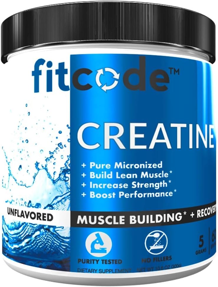 fitcode Creatine Monohydrate 5 Gramm reines mikronisiertes Kreatin Monohydrat für Muskelaufbau, Erholung, Stärke & Stamina, Unflavored Powder, 60 Portionen