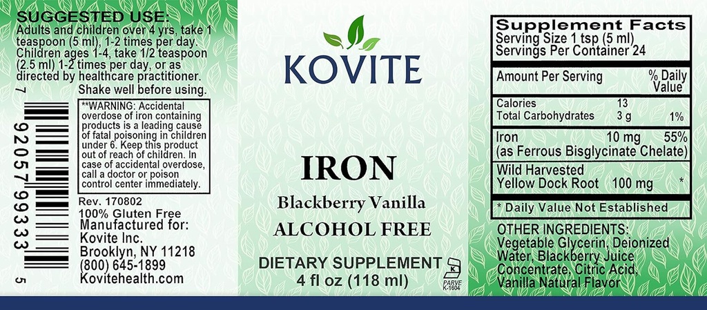 Liquid Iron 10 mg - Erhöhung der Energie- und Blutwerte ohne Übelkeit oder Verstopfung – Flüssige Eisentropfen für Männer, Frauen und Kinder - BlackBerry Vanilla Flavor - 4 fl oz. Kosher Zertifiziert