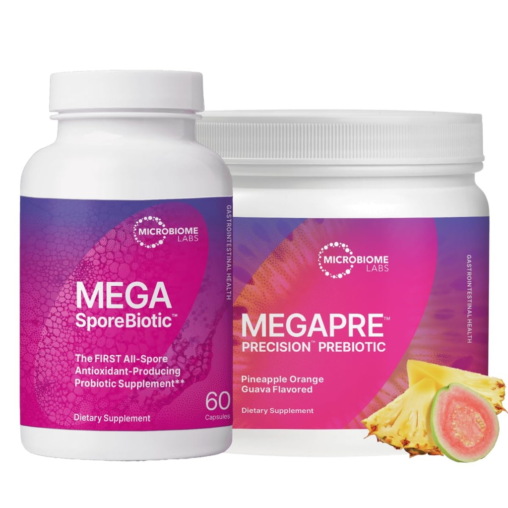 Microbiome Labs MegaSporeBiotic (60 Kapseln) + MegaPre (5.5 Unze Pulver) Probiotic Prebiotic Bundle - Spore-Based Probiotic mit Prebiotic Fiber Powder