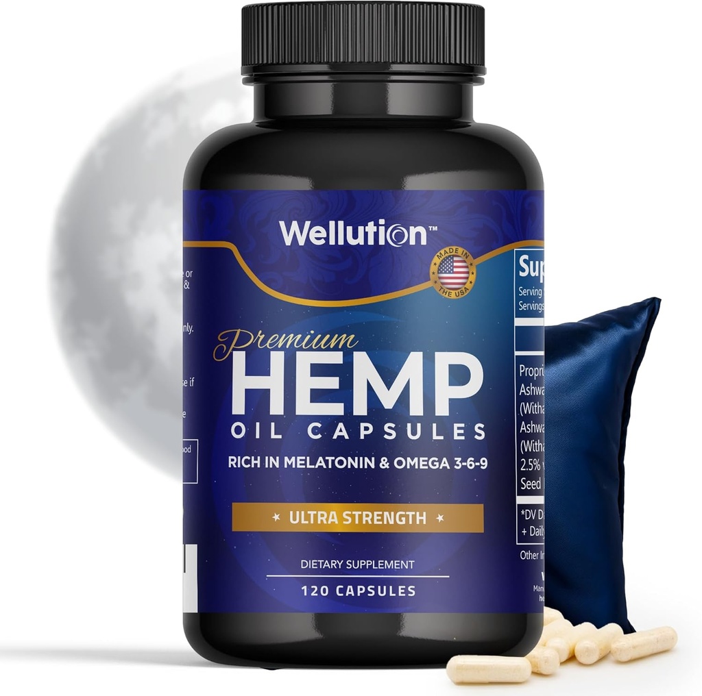 WELLUTION Capsules d'huile de chanvre - 120 Compte - Stress & Sleep Support avec Ashwagandha & Melatonin - Fabriqué aux États-Unis