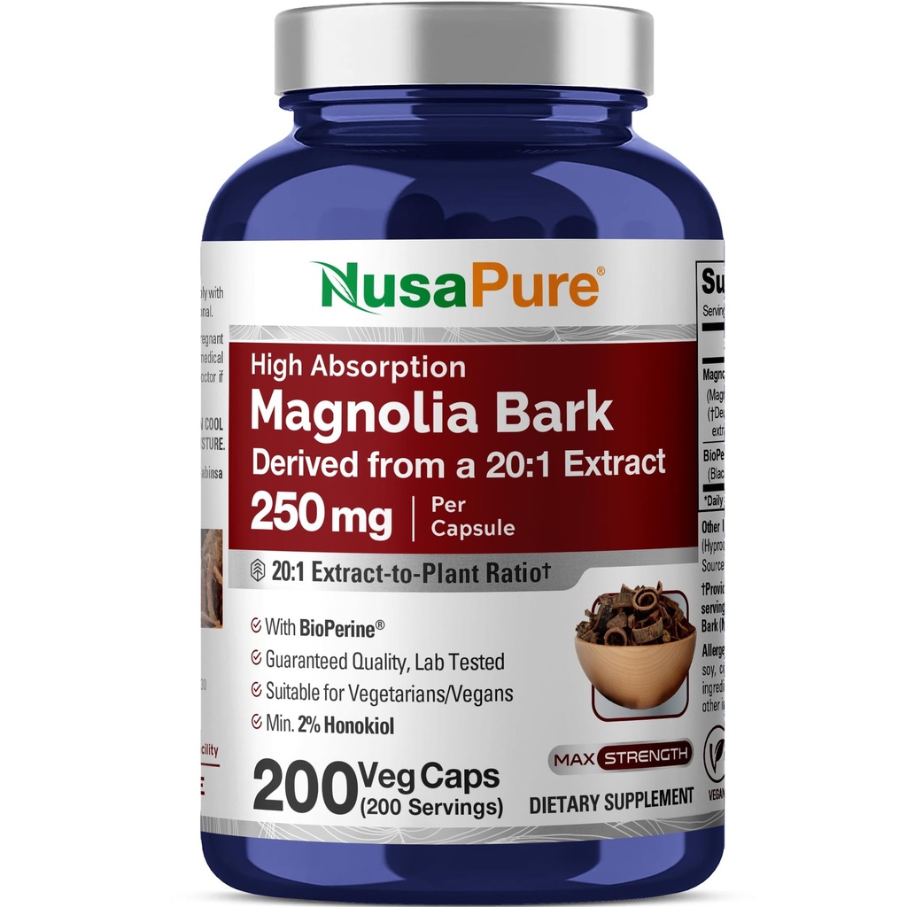 NusaPure Magnolia Bark 20:1 Extrakt, 250 mg Äquivalent zu 5.000 mg 200 Vegan Vegetarische Kapseln Non-GMO