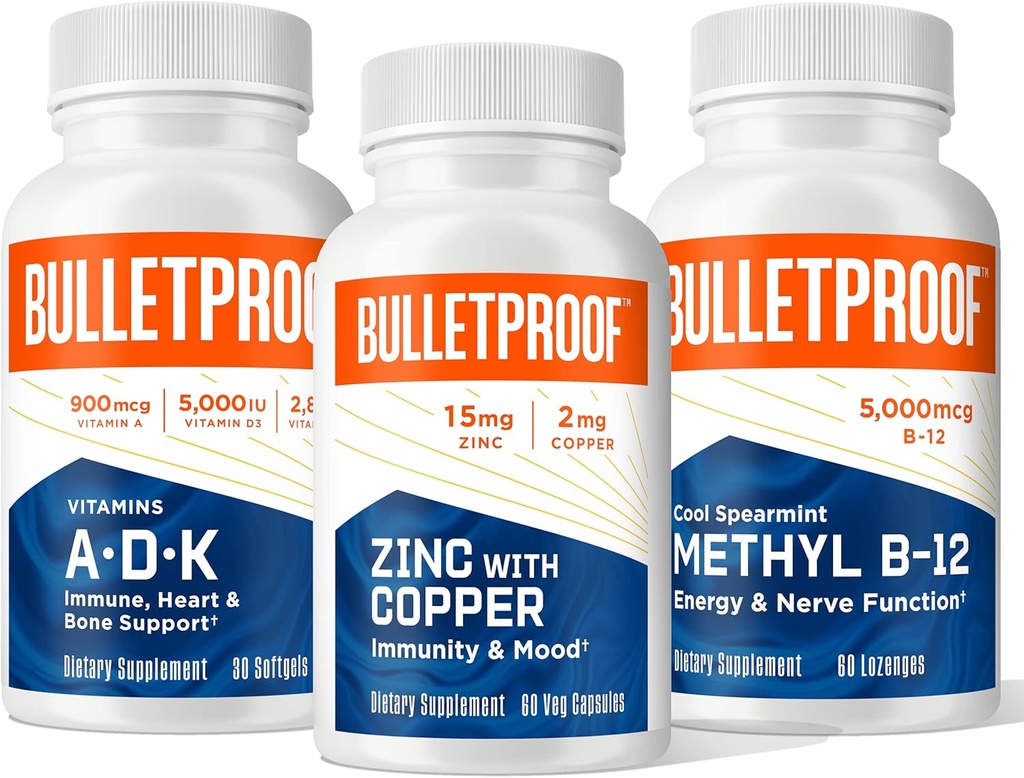 Bulletproof Triple Threat Strength Bundle, Vitamins A-D-K, 30 Softgels, Zinc with Copper, 60 Capsules, Methyl B-12, Spearmint Flavor, 60 Lozenges