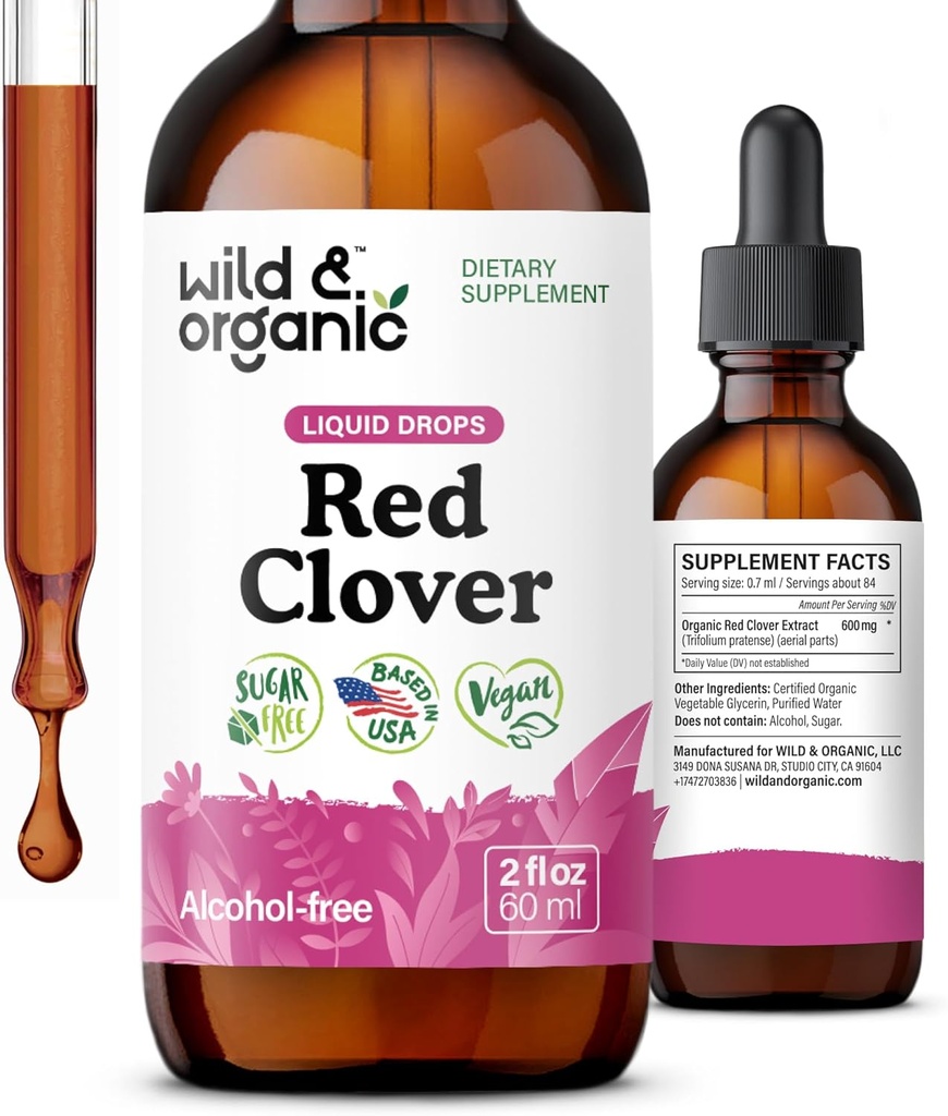 Wild & Organic Red Clover Extract Drops - Menopause Supplements für Damen - 600 mg Liquid Red Clover Tincture - 1-Monats-Versorgung - Trifolium Pratense Blossom - Zucker & Alkoholfrei - 2 oz