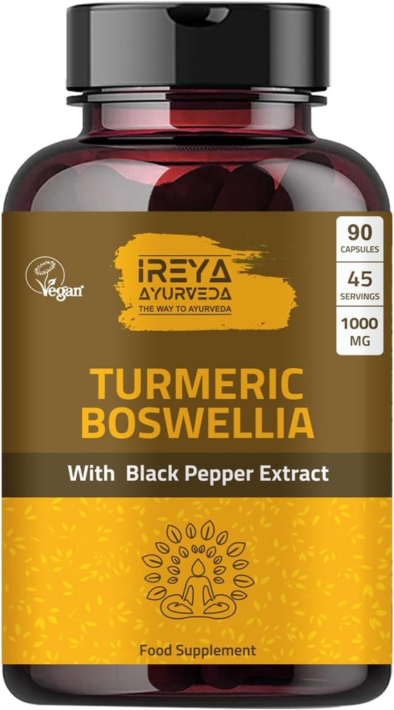 Boswellia Extrait Capsules (90 Capsules) 1000 mg - Boswellia Serrata avec 95% Extrait de poivre noir et Extrait de curcuminoïdes et 65% Extrait de boswellia