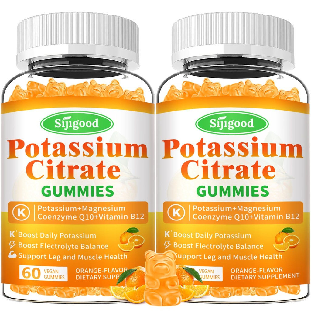 Gummées de citrate de potassium de 2 paquets – supplément de potassium de haute puissance pour la santé musculaire, soulagement de la crampe des jambes, équilibre électrolytique – végétalien, non-OGM, sans gluten, saveur orange, 120 comte