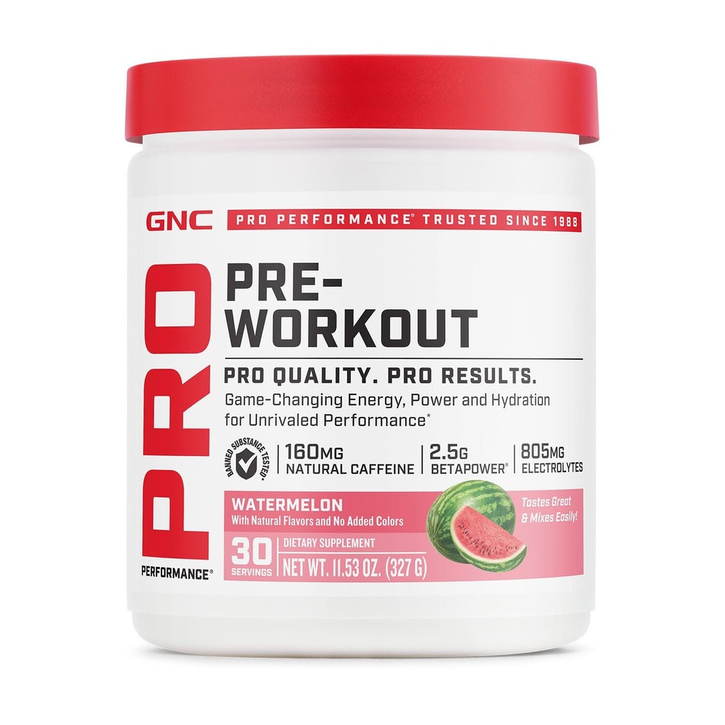 GNC Pro Performance pré-entraînement poudre pour hommes et femmes, énergie, hydratation et focus, sans sucre, sans gluten, supplément de performance, pastèque, 30 portions