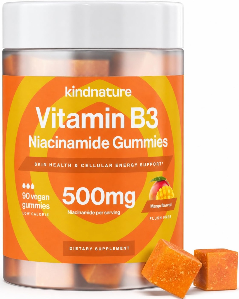 kindnature Vitamin B3 Niacin Gummies - Flush Free Niacinamid 500mg Supplement - Vegan, Non-GMO, Low-Calorie, Glutenfrei, Soy-Fee, 3. Party Lab getestet - 1 Monat Versorgung, 90 Kaugummis