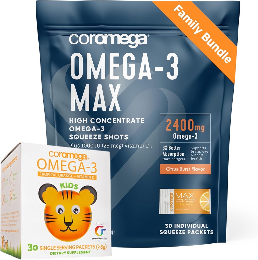 Coromega Family Bundle – Omega-3 Fischöl für Erwachsene & Kinder (60 Squeeze Packets) 2400mg/650mg Omega-3 + Vitamin D, 3X Mehr Absorption als Pillen, keine Fishy Nachgeschmack, Citrus Burst & Tropical Orange
