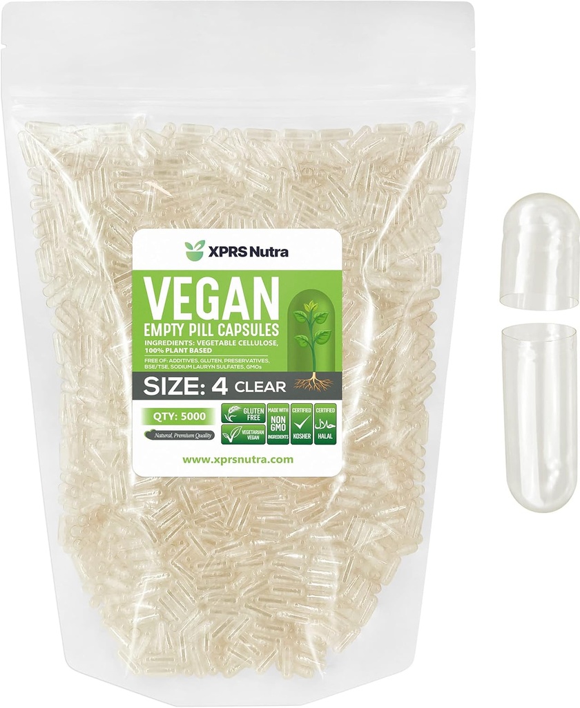 XPRS Nutra Größe 4 Leere Kapseln - 5000 Count Small Clear Leere Vegan Kapseln - DIY Gemüse Kapsel Füllung - Füllbare Do-It-Yourself Veggie Pillen Kapseln für Ergänzungen