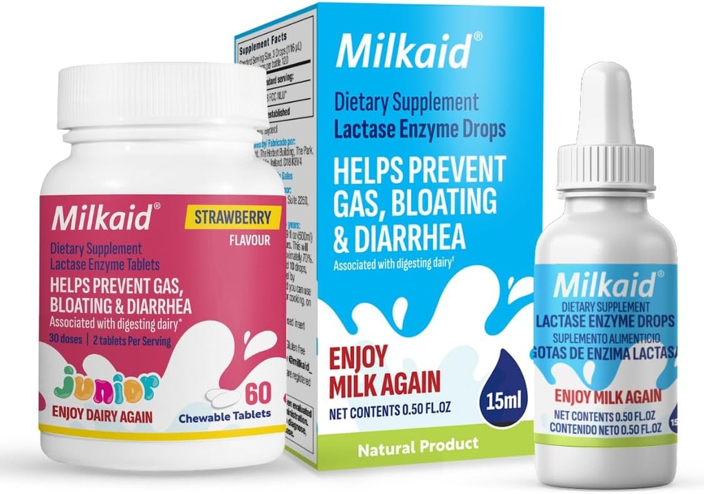 Milkaid Junior Lactase Enzym Chewable Tablets für Lactose Intolerance | Verhindert Gas, Bloating, Durchfall in Kinders Fast Acting Dairy Digestive Supplement für Kinders Strawberry Flavor | 60 ct (2)