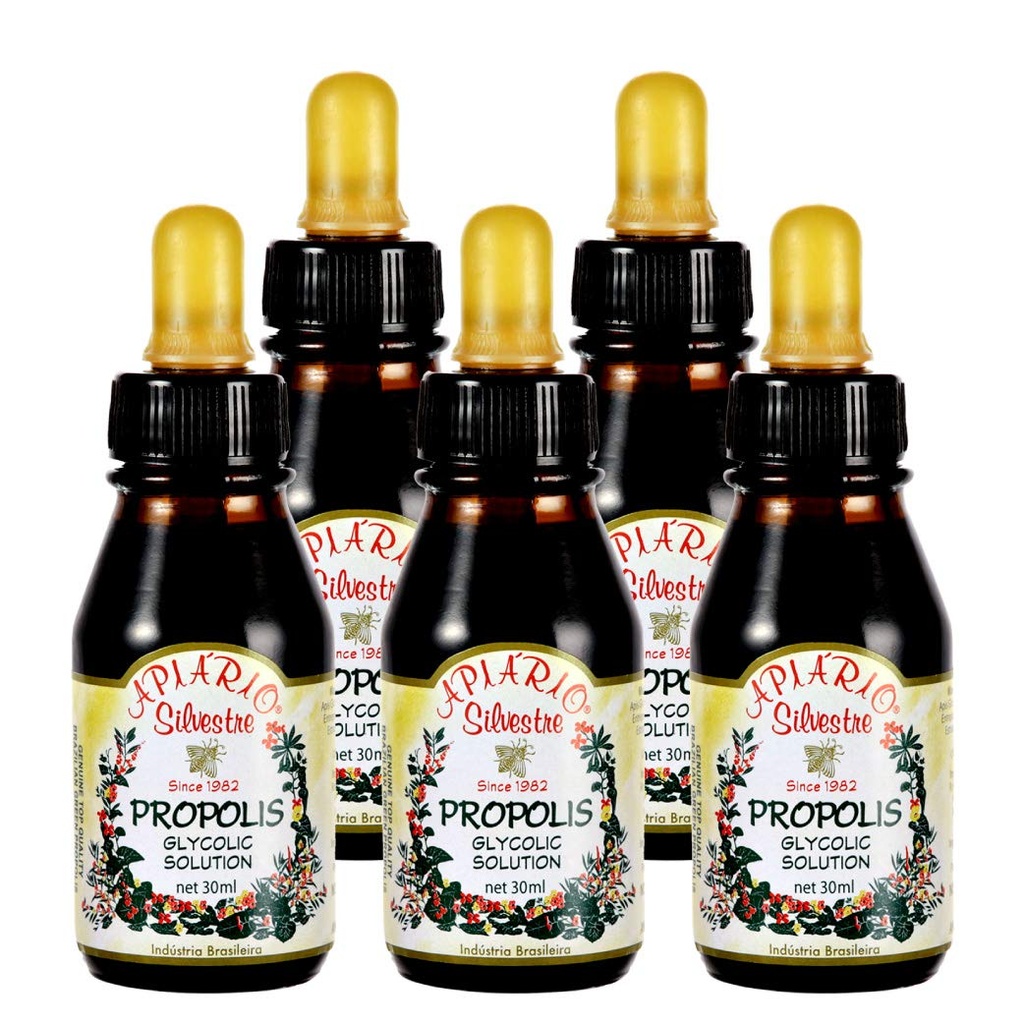 Offizieller Distributor - 5 Flaschen von Apiario Silvestre Brazilian Green Bee Propolis Liquid Glycolic Extract-Non Alcoholic, Wax Free, Sugar Free (PG)