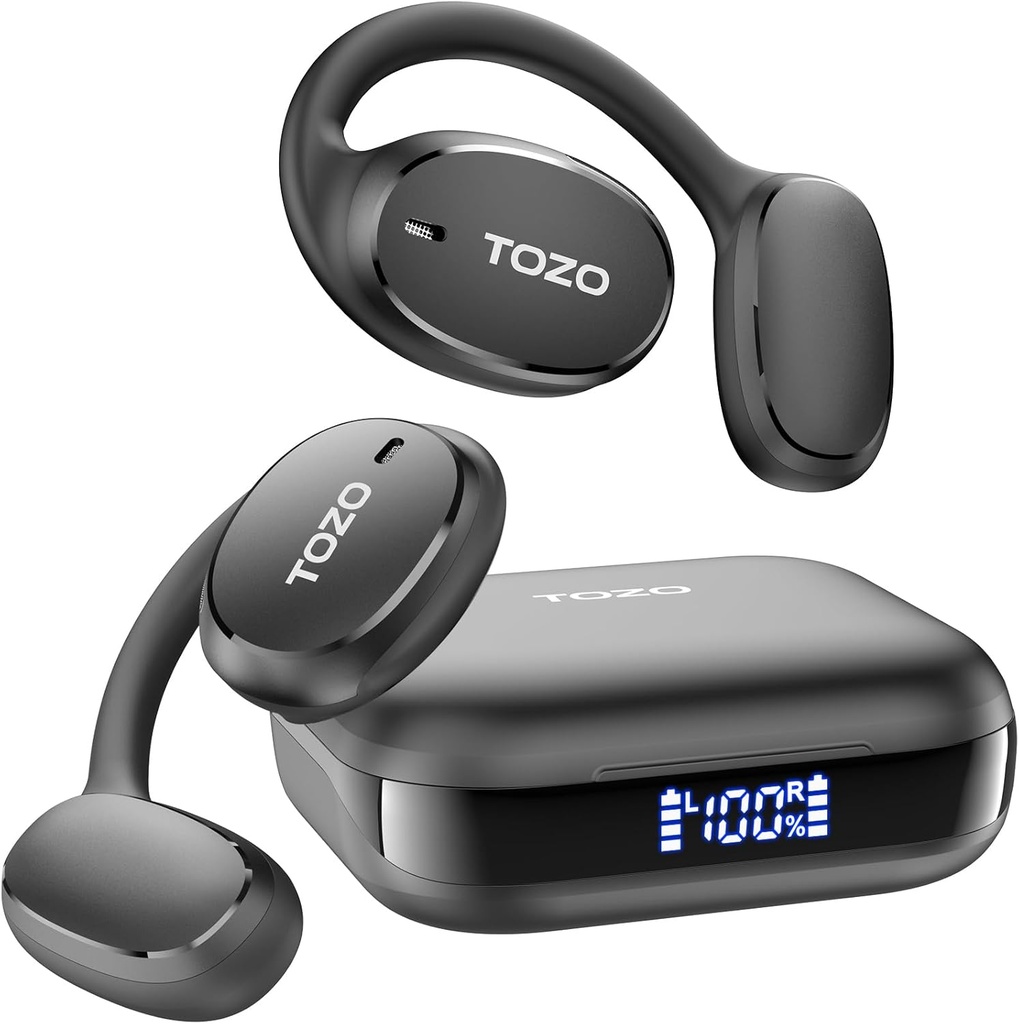 TOZO OpenEgo Open Earbuds Bluetooth-Kopfhörer, 80Hrs Playtime Wireless Earbuds mit Earhooks, Digital Display, 32 EQ-Modi, Klarer Ruf, Komfortables Tragen, Sweat-Proof für Running Workout Schwarz